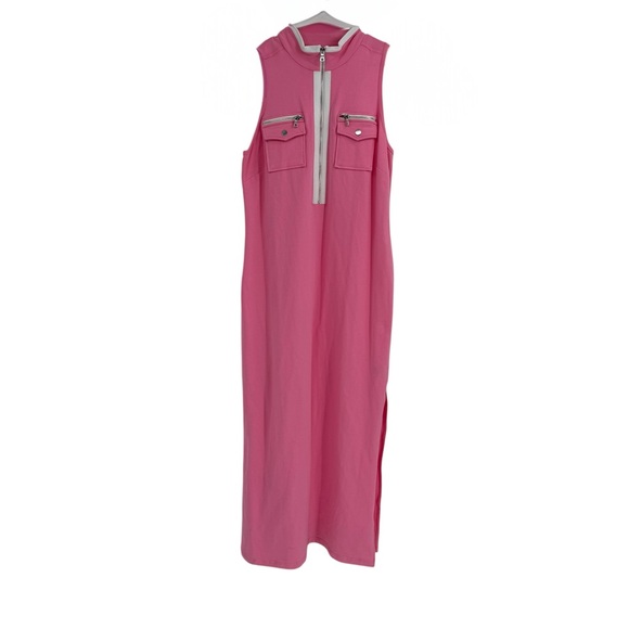 Boston Proper Zip Neck Maxi Dress Shift Size Large Sleeveless Pink White Cotton - Picture 2 of 10